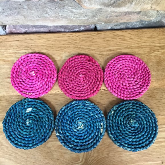6 Coasters Tiki Bar Seagrass Barware Pink Blue - Picture 4 of 5